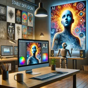 High-tech creative workspace using Stable Diffusion AI.